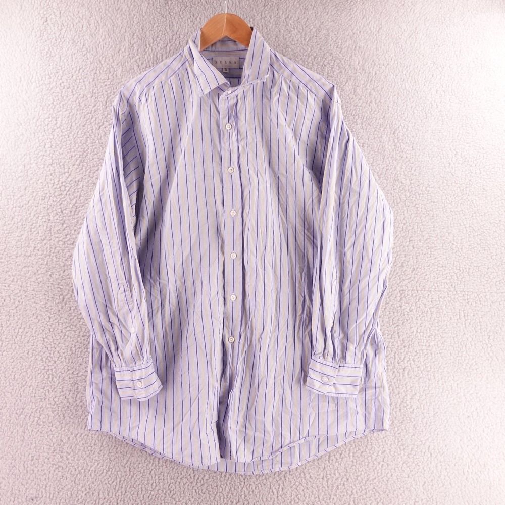 Sulka Mens Striped Dress Shirt 17.5 33 Blue Purple Yellow Long Sleeve Button Up
